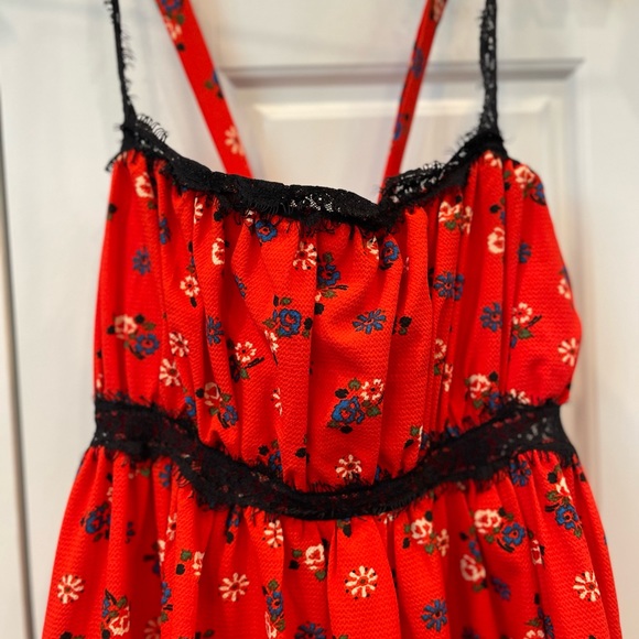 Urban Outfitters Red Floral Woman’s Mini Ruffled Lace Dress - Picture 3 of 11